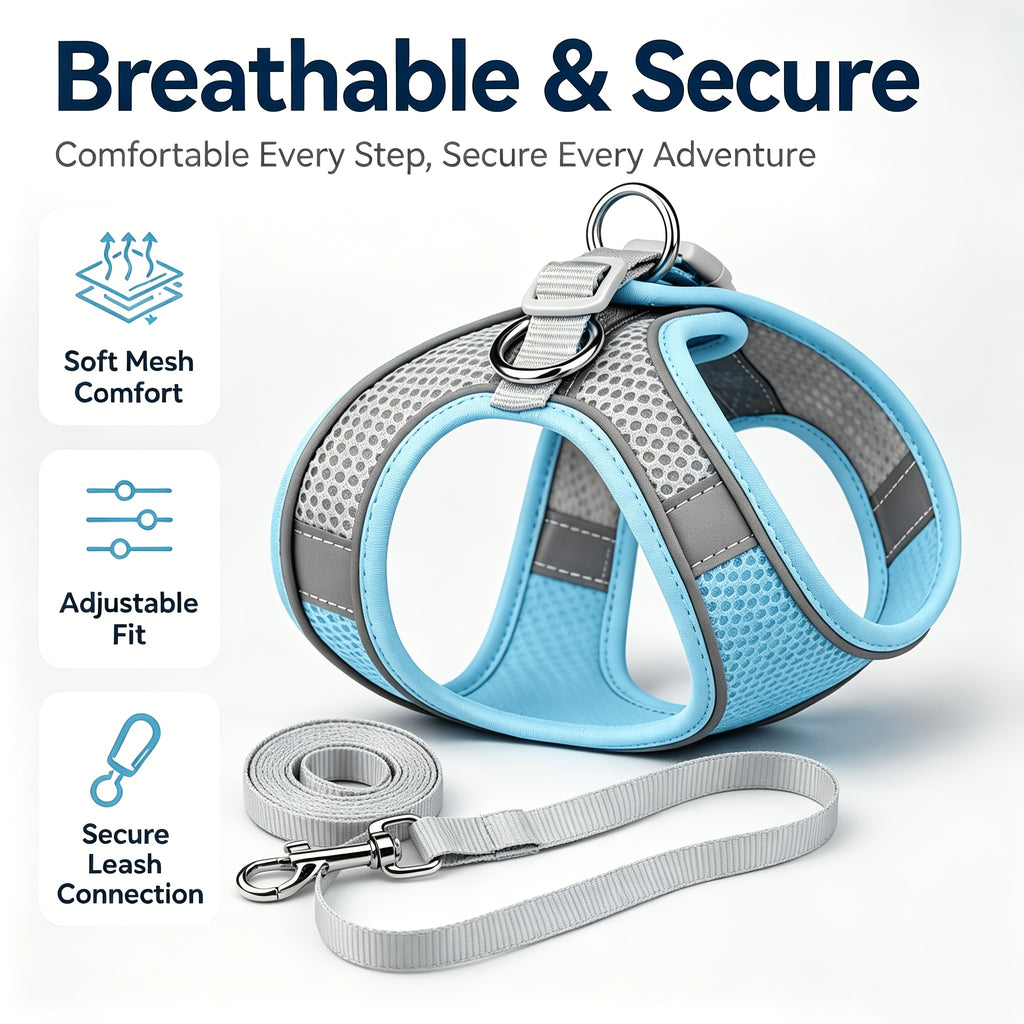Mesh Pet Harness and Leash Set for Dogs and Cats, Reflective Vest with Padded Edges, Adjustable Fit and Four Color Options in XXS to L