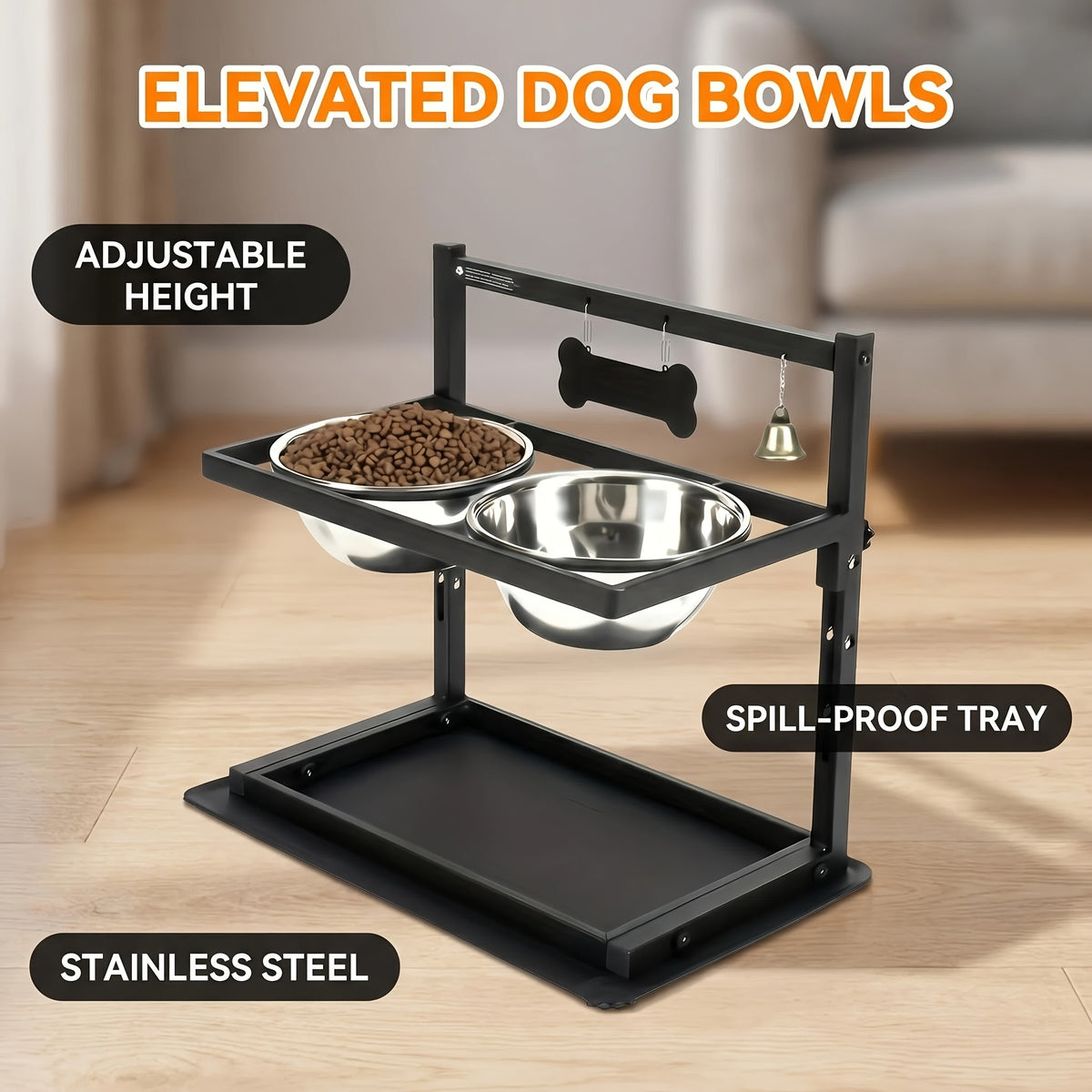 Stainless Steel Double Pet Bowls with Adjustable Elevated Stand, Non-Slip Food and Water Feeding Station for Dogs and Cats at Home