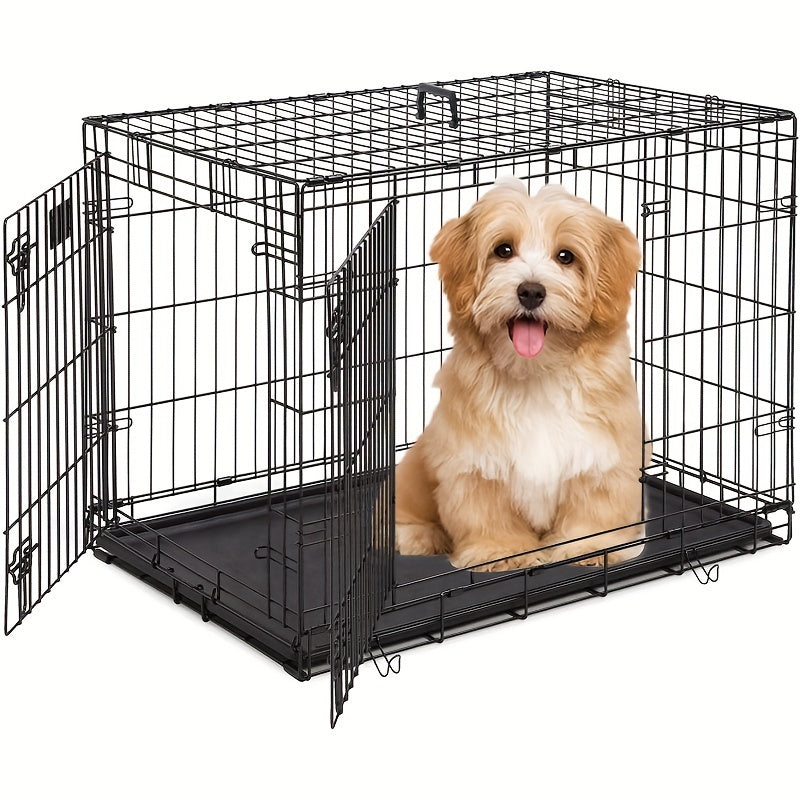 Foldable Dog Crate with Divider Panel, Metal Wire Pet Kennel with Plastic Pan in 18, 24, 30 or 36 Inch Length Options, Black, Blue and Pink Styles