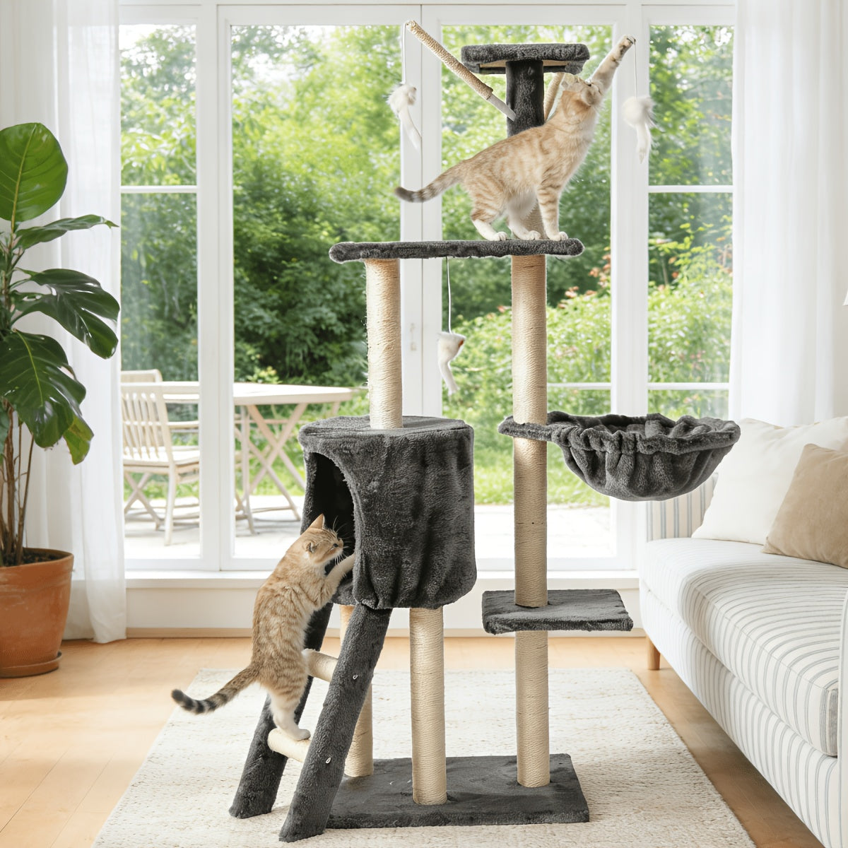Cat Tree with Hammock and Extended Platform, Multi-Level Indoor Cat Tower with Sisal Scratching Posts, Condo and Dangling Play Toy