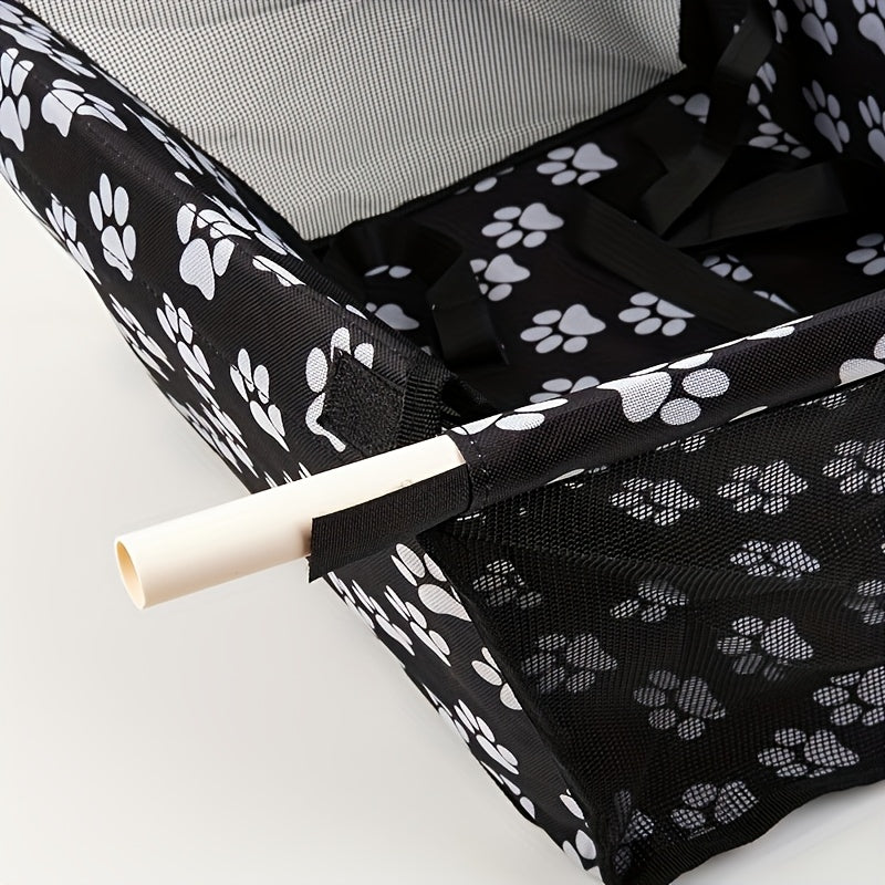Small Dog Car Booster Seat with Bone Print, Foldable Oxford Pet Travel Carrier with Mesh Sides, Adjustable Straps and Storage Pocket