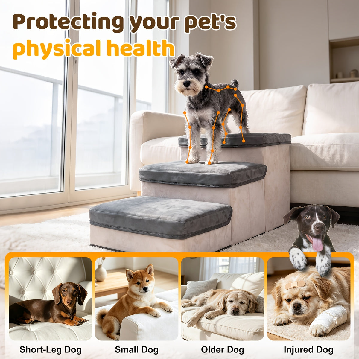 Foldable Dog Stairs with Storage Ottoman Design, Soft Cushioned Non-Slip Pet Steps for Bed and Couch, 3/4-Step Styles with Chicken Leg Plush Toy