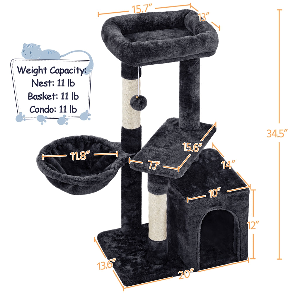 Cat Tree 34.5 Inch with Condo and Basket, Plush Indoor Cat Tower with Nest, Platform, Three Sisal Scratching Posts and Scratching Board in Five Colors