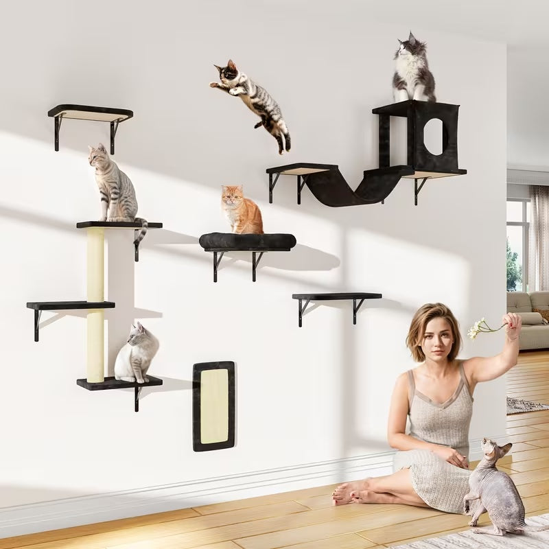 Cat Wall Furniture 7-Piece Set with House, Bridge, Hammock and Scratching Board, Wall-Mounted Climbing Shelves for Indoor Cats in Black or Grey
