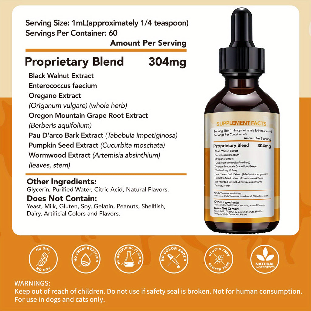 Herbal Pet Supplement Drops for Dogs and Cats, 2 fl oz Liquid Formula with Wormwood, Black Walnut and Pumpkin Seed, One to Three Bottle Options