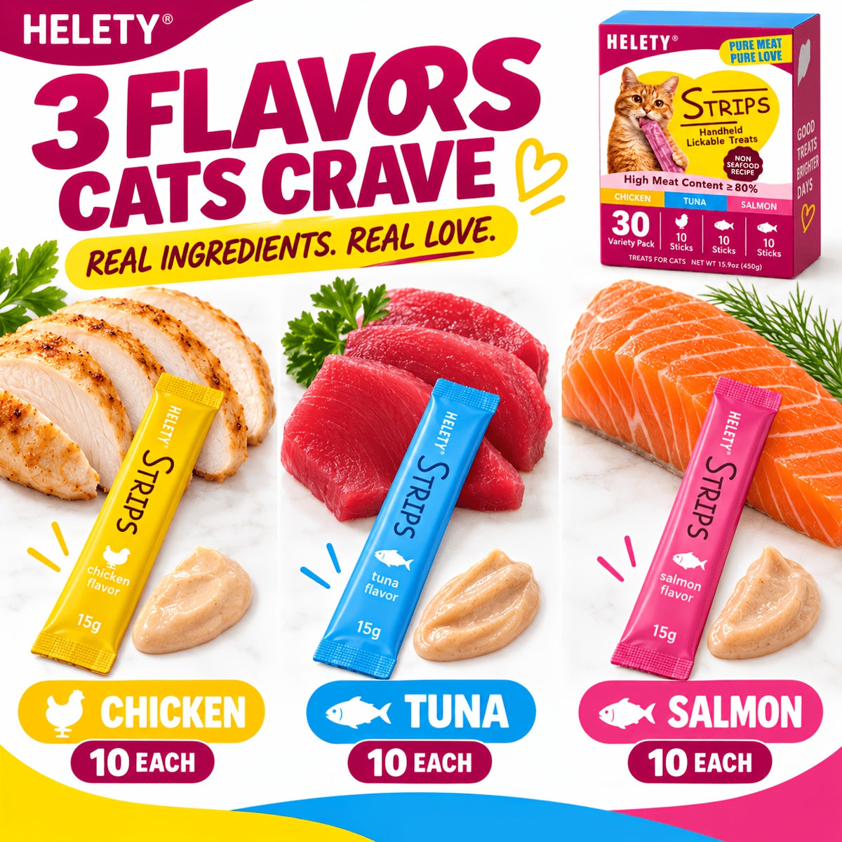 Creamy Lickable Cat Treats 15g, Squeeze Cat Snacks and Food Topper in Tuna, Salmon or Chicken, 10 Count Packs or 30 Count Chicken Option