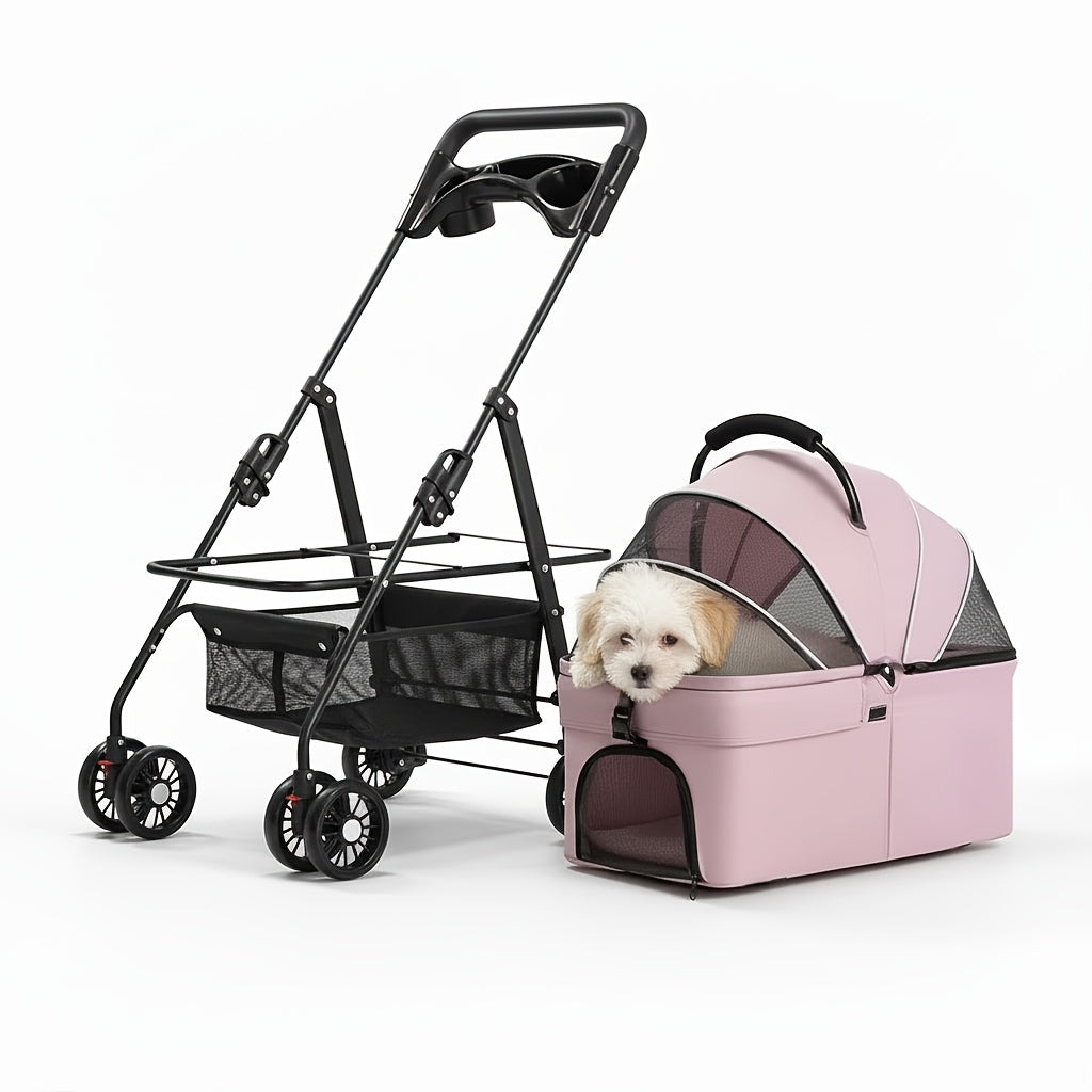 Convertible Pet Stroller with Removable Carrier, Foldable Dog and Cat Pushchair with Mesh Canopy, Storage Basket and Cup Holder in Four Colors