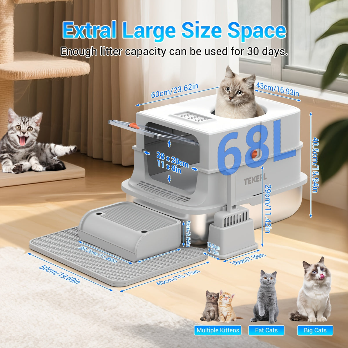Modular Stainless Steel Cat Litter Box with Lid, Extra Large High-Sided Enclosed or Semi-Open Cat Toilet with Step, Mat and Scoop