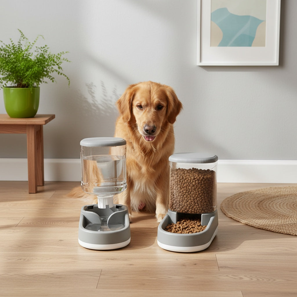 Automatic Dog Feeder and Waterer Set, 2-Piece Plastic Gravity Food and Water Dispensers with Clear Reservoirs for Small, Medium and Large Dogs
