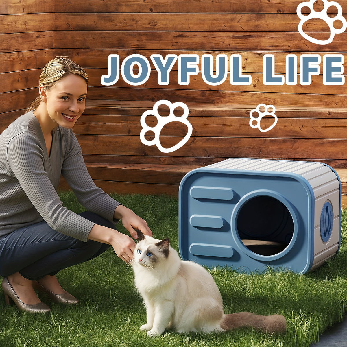 Blue Resin Cat House for Indoor and Outdoor Use, Easy-to-Assemble and Easy-to-Clean Pet Resting Shelter, 20.83 x 14.21 x 15.91 Inches