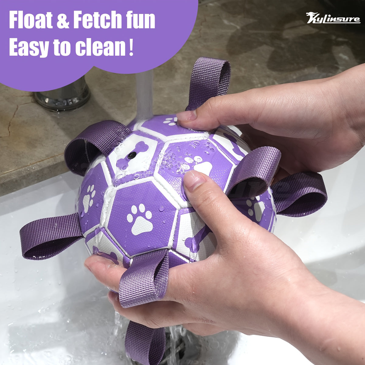 Dog Fetch Ball with Grab Straps, Purple and Gray Paw and Bone Soccer-Style Toy with Pump for Supervised Tug Games, Outdoor Play and Dog Birthday Gifts