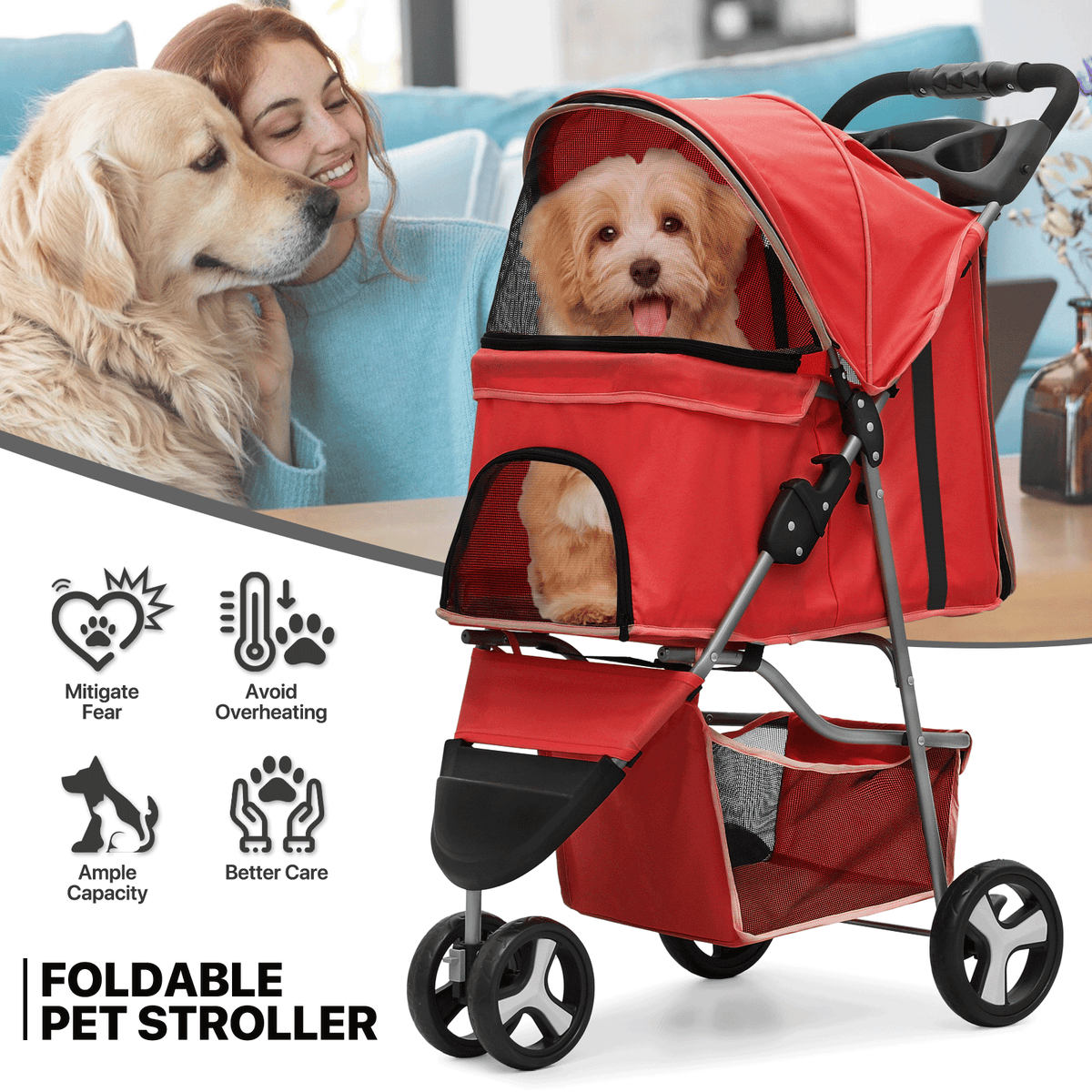 Foldable Dog Stroller for Small Dogs and Cats, 3-Wheel Pet Pushchair with Weather Cover, Breathable Mesh, Storage Basket and Cup Holder