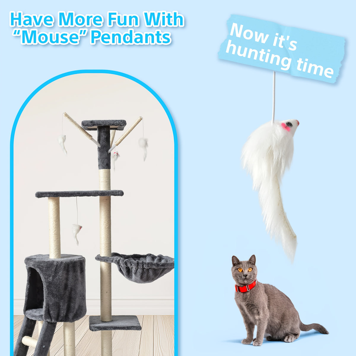 Cat Tree with Hammock and Extended Platform, Multi-Level Indoor Cat Tower with Sisal Scratching Posts, Condo and Dangling Play Toy
