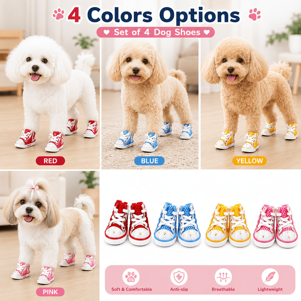 Dog Shoes for Small Dogs, Breathable Mesh Lace-Up Pet Sneakers for Chihuahua and Toy Poodle, Casual Paw Covers in Four Colors, XS-XL