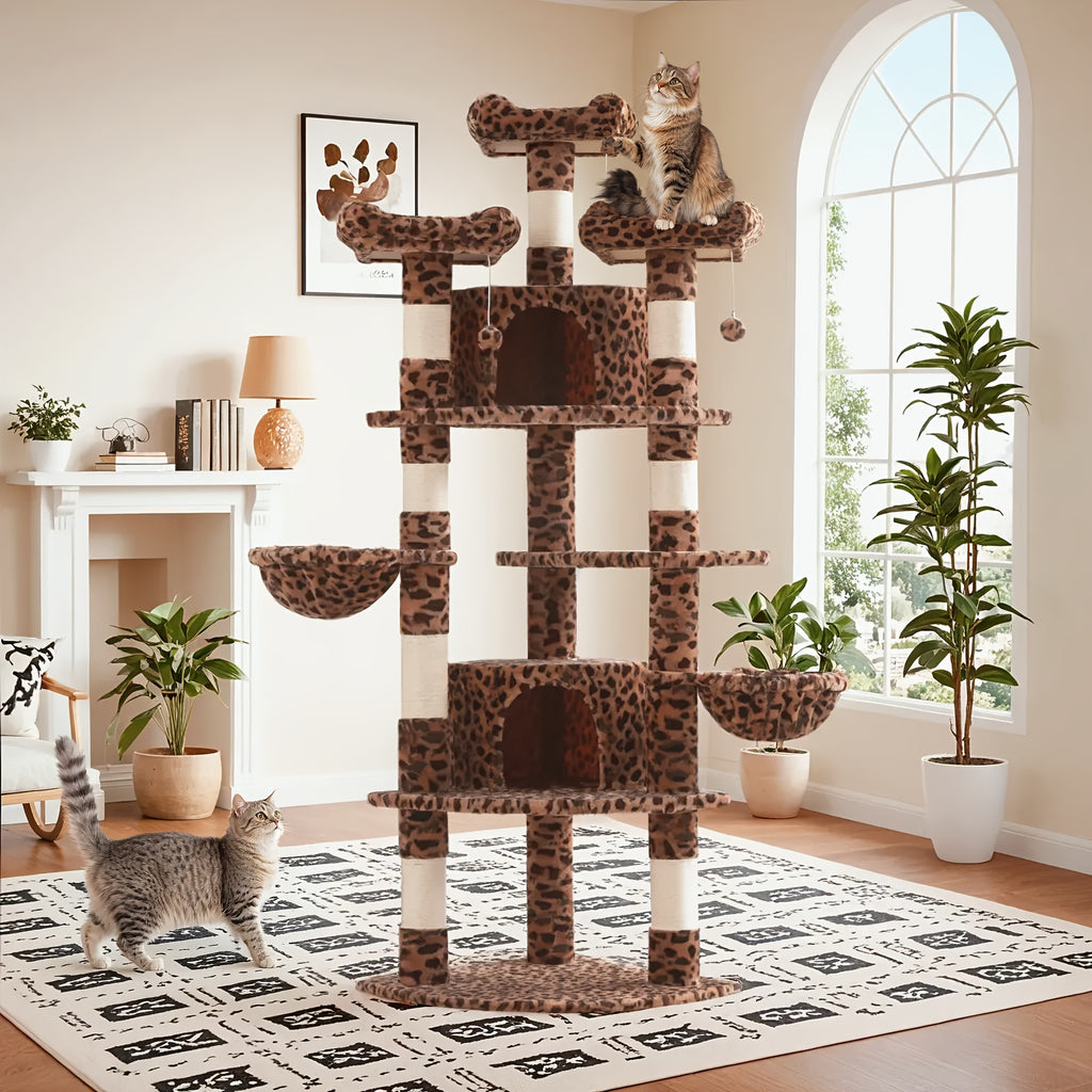 Cat Tree 73 Inch Fan-Shaped Tower for Indoor Cats with Plush Perches, Sisal Scratching Posts, Hammock and Baskets for Climbing and Rest
