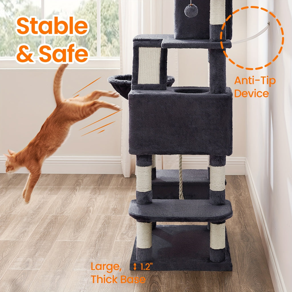Cat Tree 66.1 Inch with 13 Scratching Posts, Five-Level Indoor Tower with Two Caves, Padded Perches, Basket, Hammock and Scratching Ramp