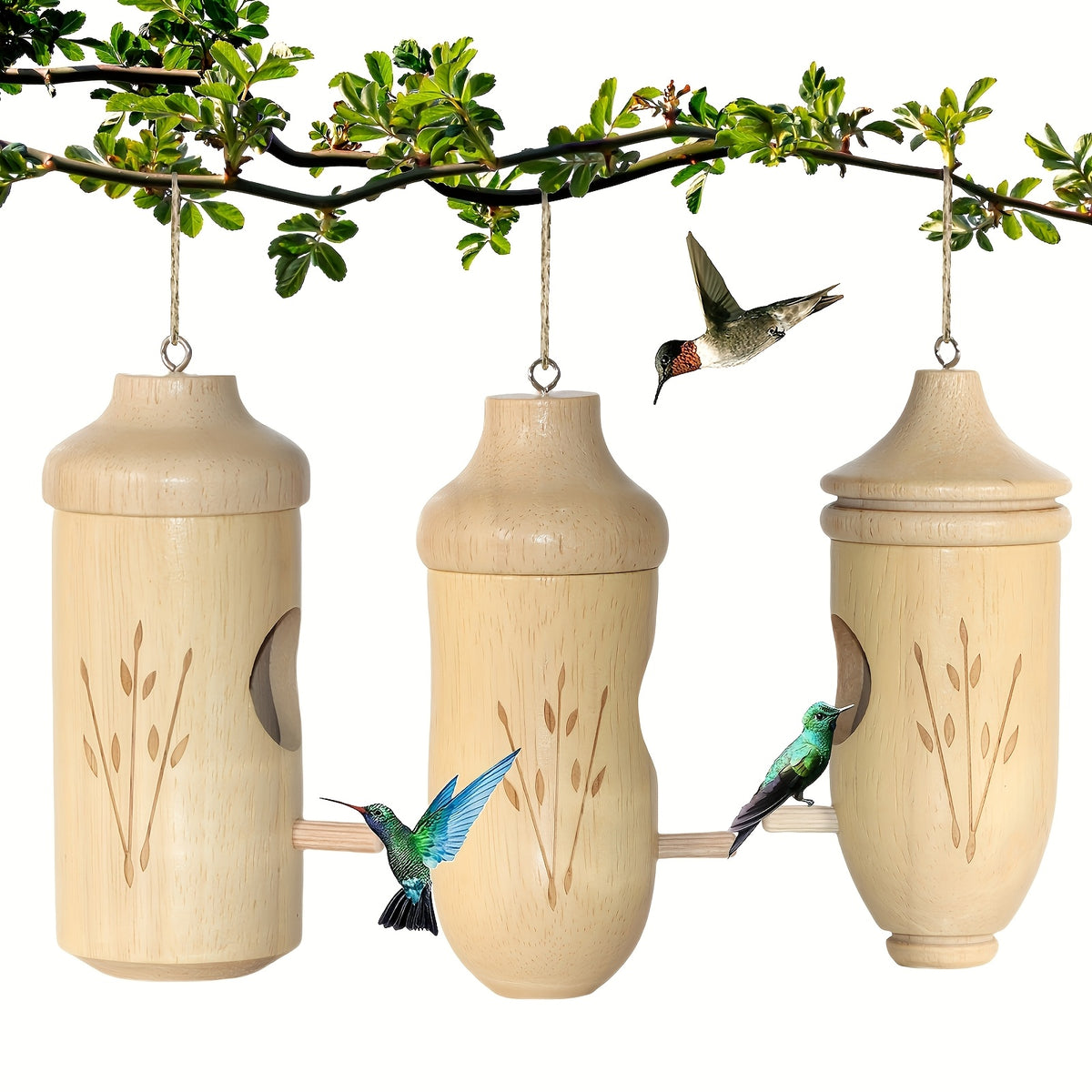 Wooden Hummingbird House 3 Pack for Outdoor Hanging, Natural Wood Garden Decorations and Backyard Accents, Gardening Gifts for Bird Lovers