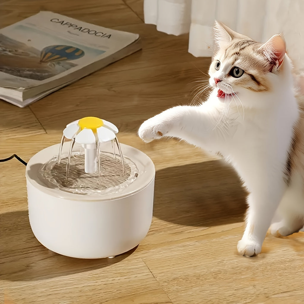 Cat Water Fountain with Round Basin, USB Powered Quiet Recirculating Pet Drinking Dispenser with Flower Spout for Indoor Cats and Small Dogs