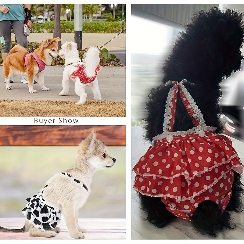 Washable Female Dog Diapers with Suspenders, 2-Pack Reusable Heat Cycle Sanitary Panties in Red Polka Dot and Cow Print, XXL Size