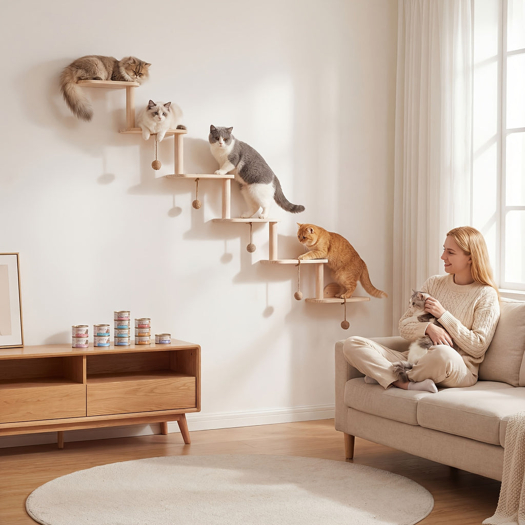 Modular Cat Wall Shelves 6-Piece Set with 5 Toy Balls, DIY Wall-Mounted Cat Tree Furniture for Indoor Climbing, Resting and Scratching