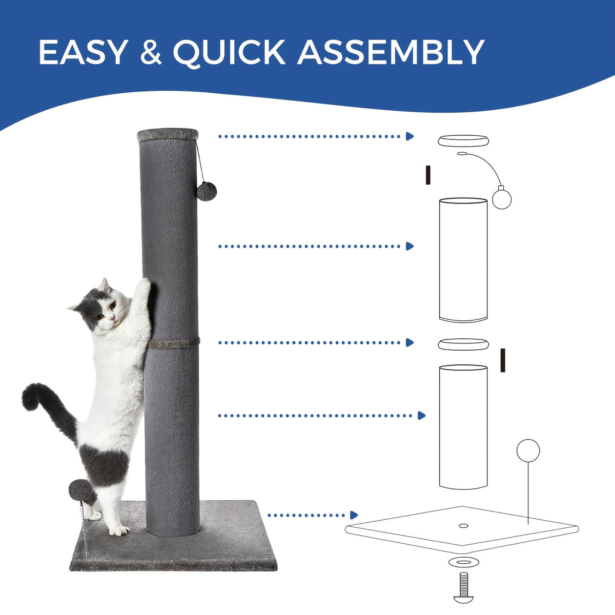Thick Cat Scratching Post for Large Cats, 41.73-Inch Tall Hardwood Scratcher with 5.7-Inch Column, Heavy Base and Replaceable Toy Balls, Gray