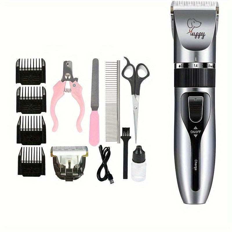 Rechargeable Dog Grooming Clippers Set in Silver, Low-Noise Electric Pet Hair Trimmer with Four Guide Combs for At-Home Dog and Cat Coat Care