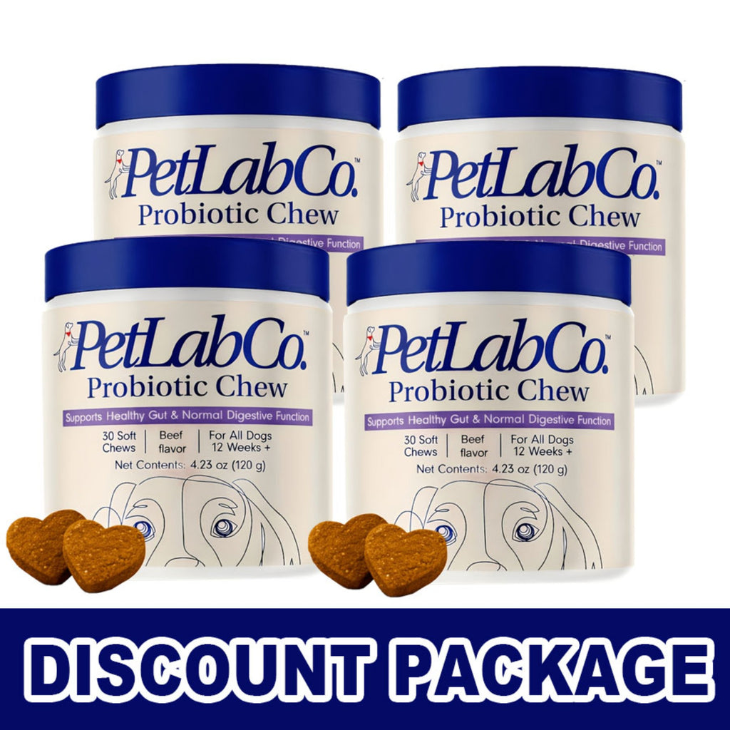 Probiotic Dog Chews 4-Jar Value Pack, Beef Flavor Soft Chews with Probiotics and Prebiotics, 30 Chews per Jar for Dogs 12 Weeks and Older