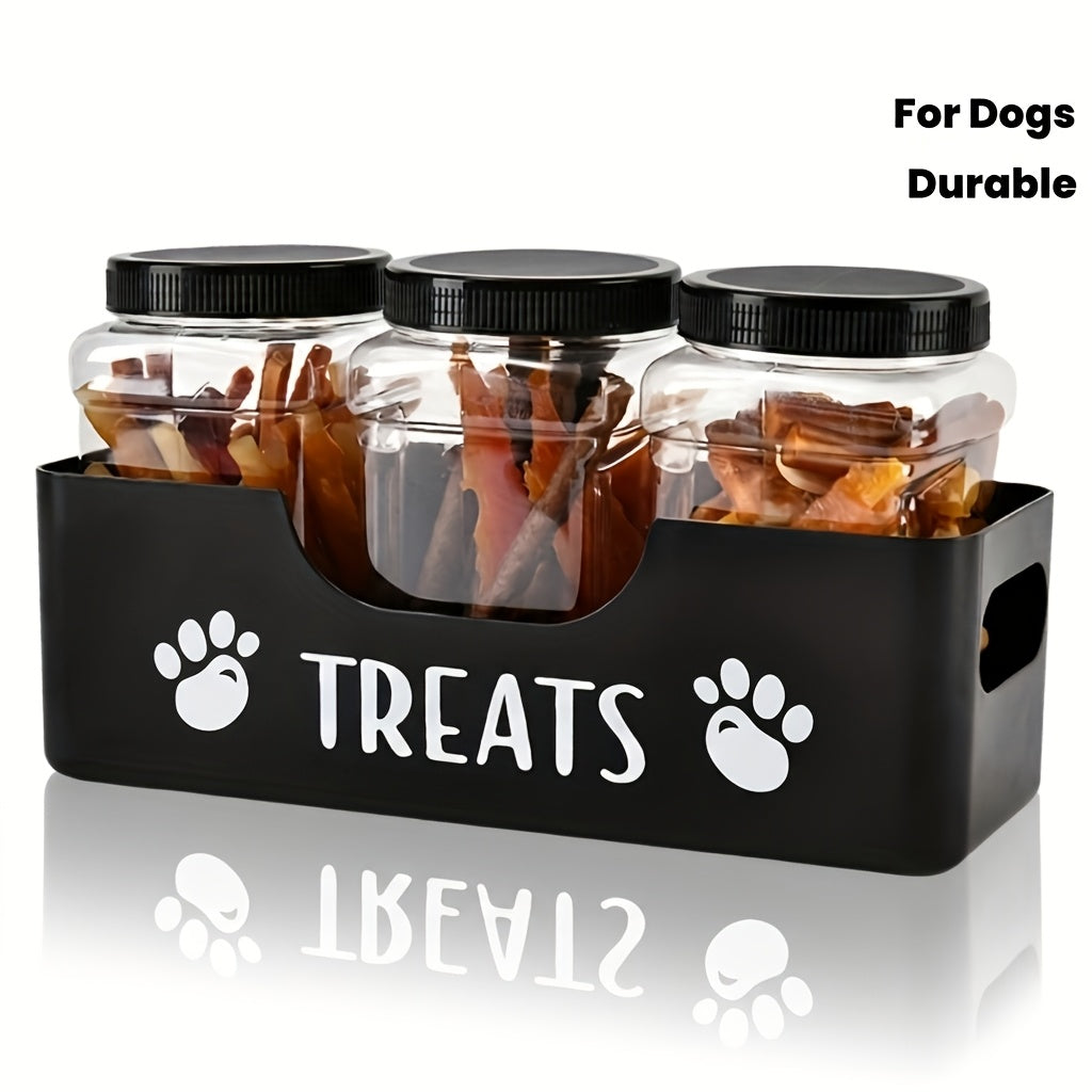 Pet Treat Jar Set with 3 Sealed Plastic Containers and Base, Farmhouse Dog and Cat Snack Storage Organizer for Kitchen Counters and Feeding Areas