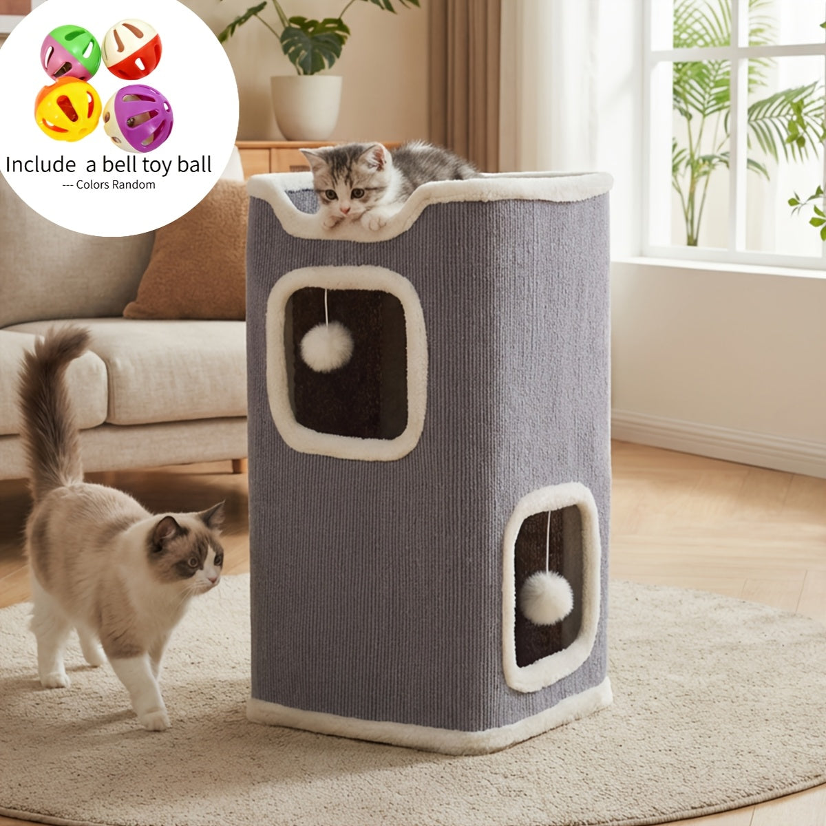 Cat Condo Cube Tower for Indoor Cats, Space-Saving Cat House Bed with Hanging Plush Ball, One to Three Stories in Beige, Coffee or Light Gray