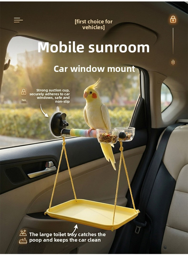 Bird Window Perch with Suction Cup, Parrot Stand with Waste Tray and Anti-Fly Chain, 3-Piece Set for Budgies, Parakeets and Cockatiels