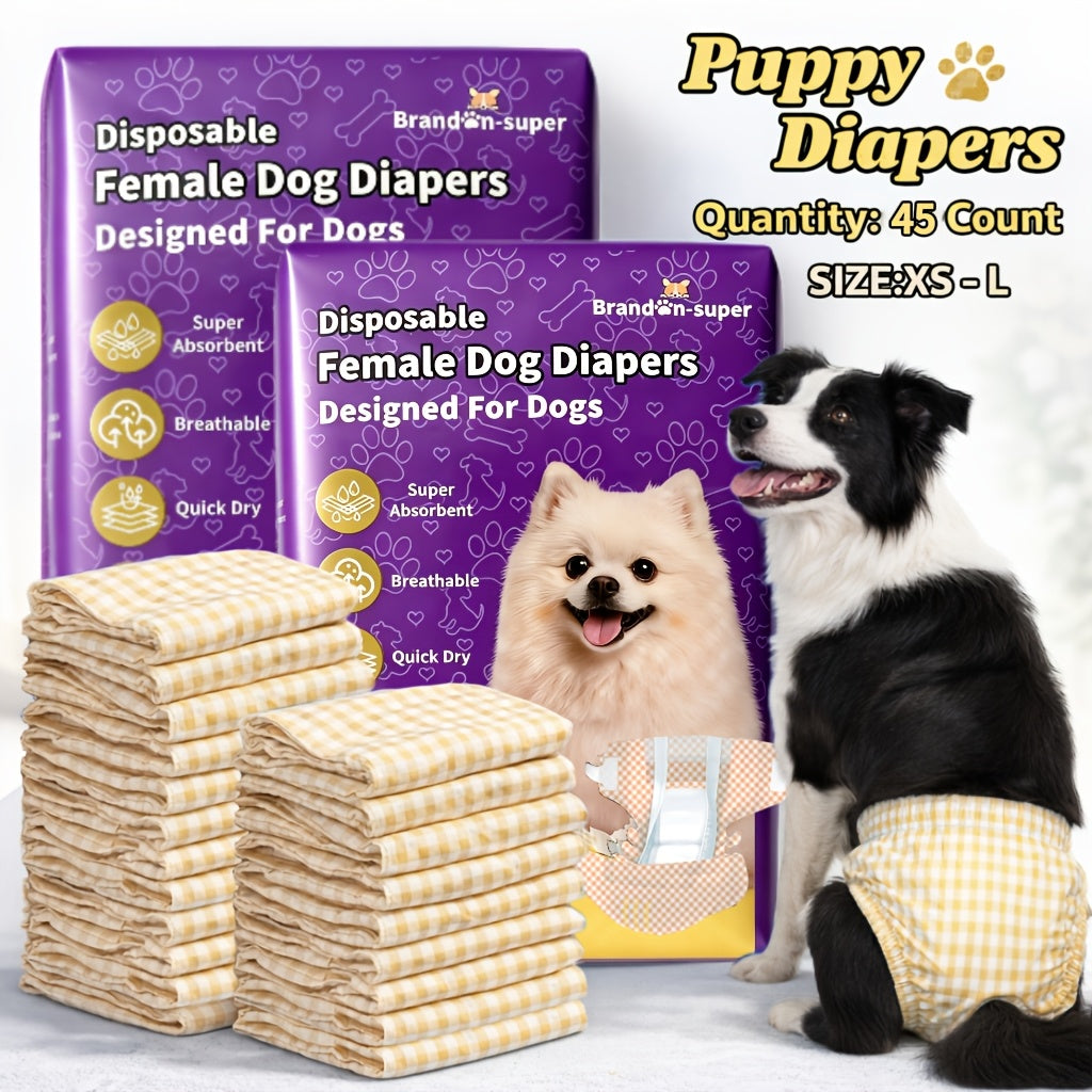 Female Dog Diapers 45 Count, Disposable Absorbent Pet Diapers in XXS to L for Puppies, Senior Dogs, Heat Cycles and Indoor Accident Management