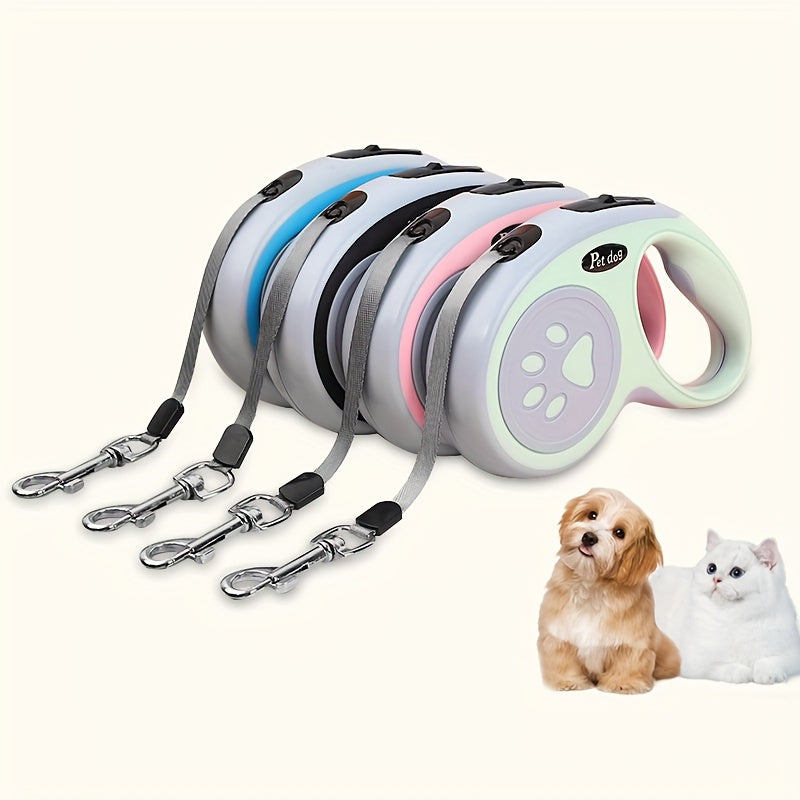 Paw Print Retractable Pet Leash 3m, Portable Walking Lead for Cats and Dogs with 4 Bells, Blue Green Pink or Black for Everyday Outdoor Walks
