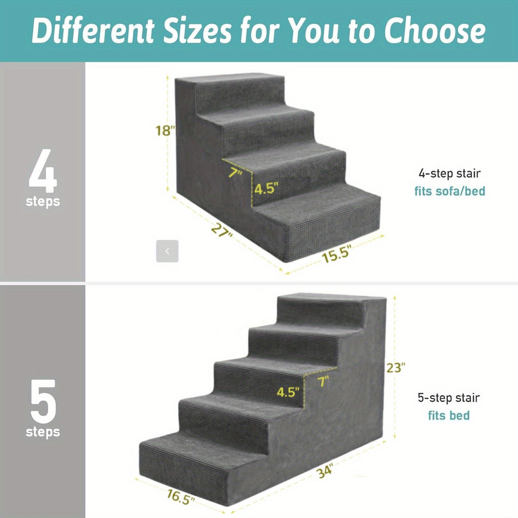 Foam Dog Stairs for Small Dogs, 5-Step Pet Steps with Supportive Board and Non-Slip Removable Washable Cover in Grey or Navy for Home Use