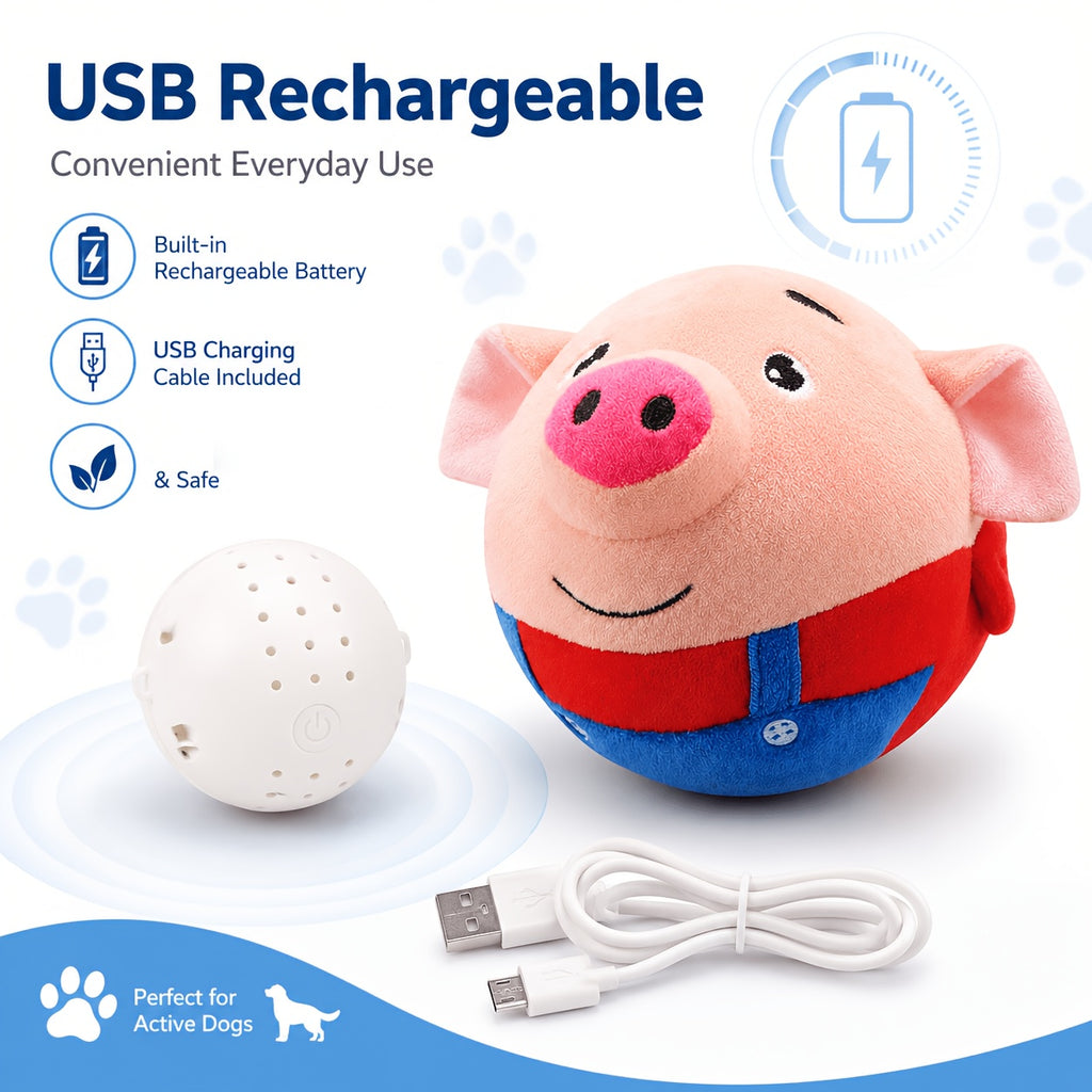 Interactive Plush Pig Ball Toy with Automatic Rolling and Sound, USB Rechargeable Moving Pet Toy for Supervised Dog and Cat Play