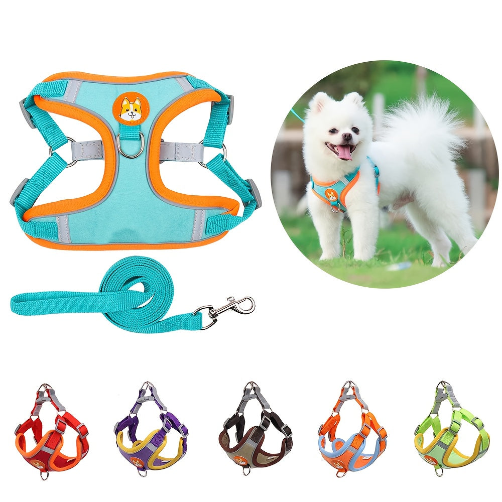 Adjustable Reflective Dog Harness and Leash Set with 4 Bells, Breathable Walking Vest for Small and Medium Dogs in Blue, Red or Brown