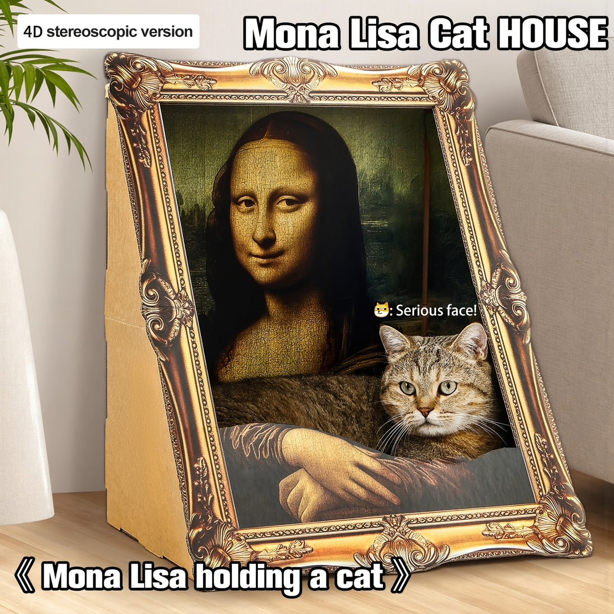 Mona Lisa Cat Scratcher Bed with Art Frame, Easy-to-Assemble Cardboard Cat Condo for Indoor Scratching, Resting and Creative Home Decor
