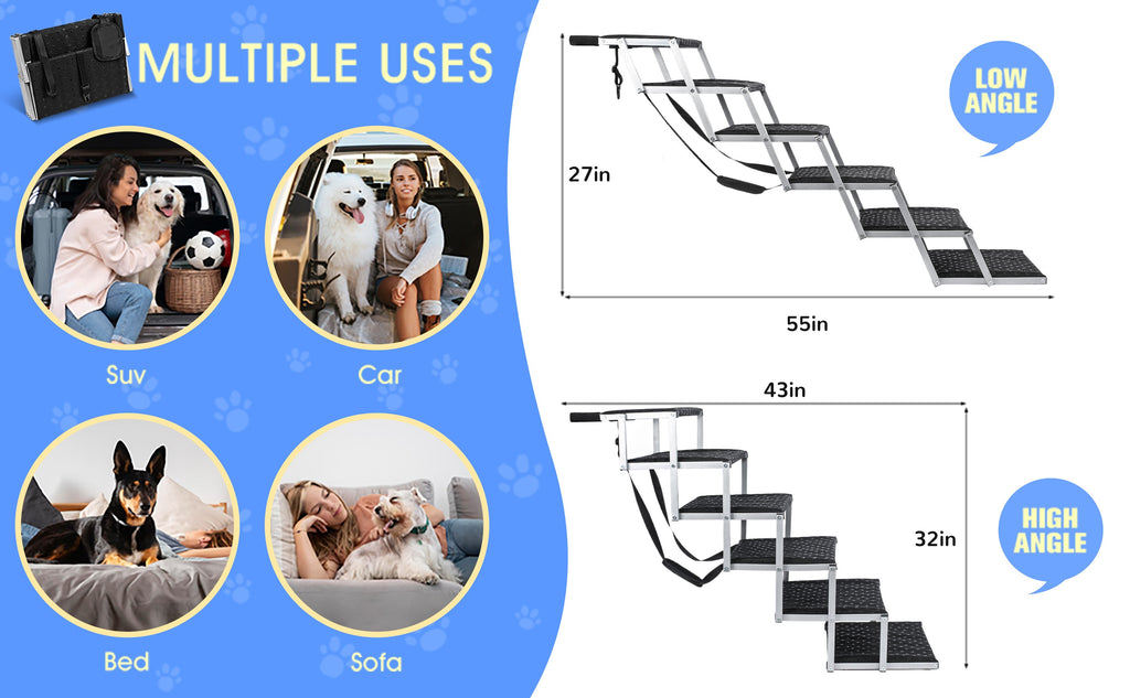 Dog Stairs for Cars, 6-Step Folding Non-Slip Pet Ladder for Large Dogs up to 200 lbs, Portable Vehicle Steps for SUVs and Trucks