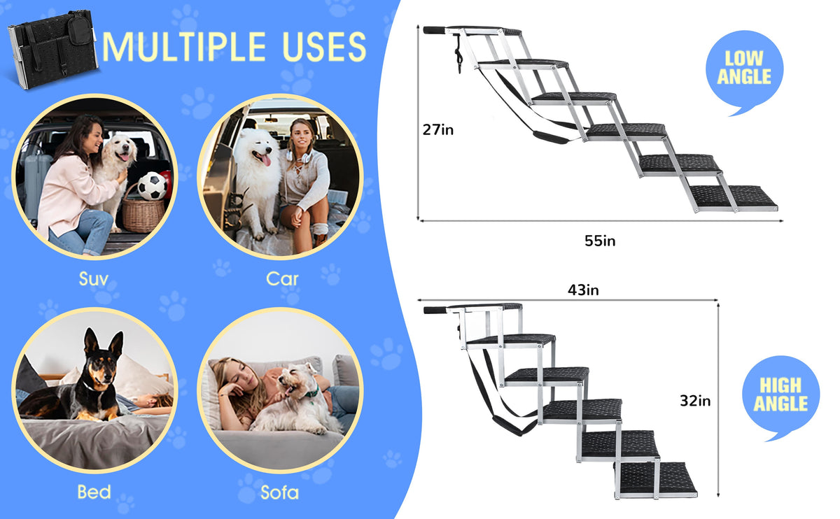 Dog Stairs for Cars, 6-Step Folding Non-Slip Pet Ladder for Large Dogs up to 200 lbs, Portable Vehicle Steps for SUVs and Trucks