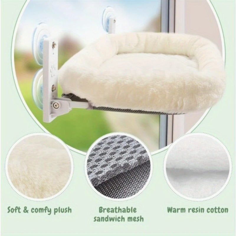 Folding Cat Window Perch with Plush Padded Bed, Cordless Metal Frame Hammock and 4 Suction Cups, 24.8 x 15.35 Inch Indoor Cat Lounger