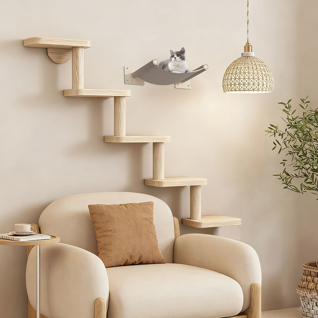 Wooden Cat Wall Steps with Five Levels, Solid Wood Wall-Mounted Cat Climbing Platforms and Indoor Perches for Space-Saving Play and Elevated Rest