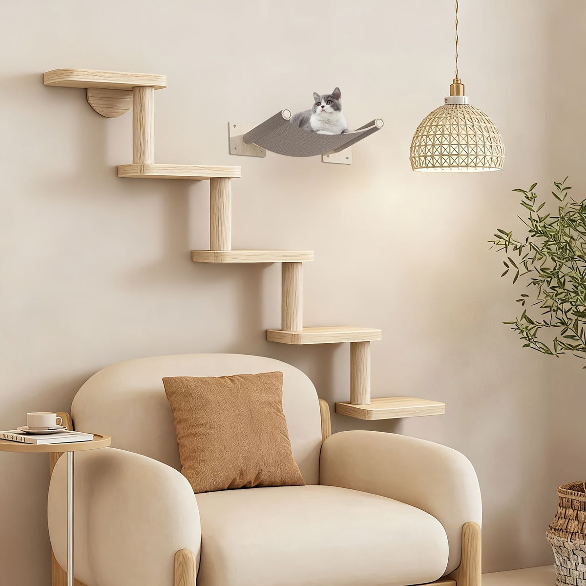 Wooden Cat Wall Steps with Five Levels, Solid Wood Wall-Mounted Cat Climbing Platforms and Indoor Perches for Space-Saving Play and Elevated Rest