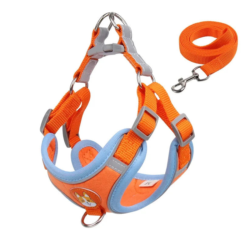 Adjustable Reflective Dog Harness and Leash Set with 4 Bells, Breathable Walking Vest for Small and Medium Dogs in Blue, Red or Brown