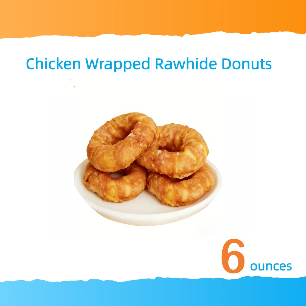 Chicken Wrapped Rawhide Donuts for Dogs, Ring-Shaped Chew Treats for Small and Medium Dogs, 3 oz 2-Pack, 6 oz 4-Pack or 12 oz 8-Pack