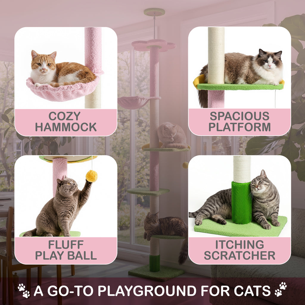 Floor to Ceiling Cat Tree with Hammock, Adjustable Cactus Cat Tower with Sisal Scratching Post, Faux-Fur Platforms and Interactive Playball for Indoor Cats