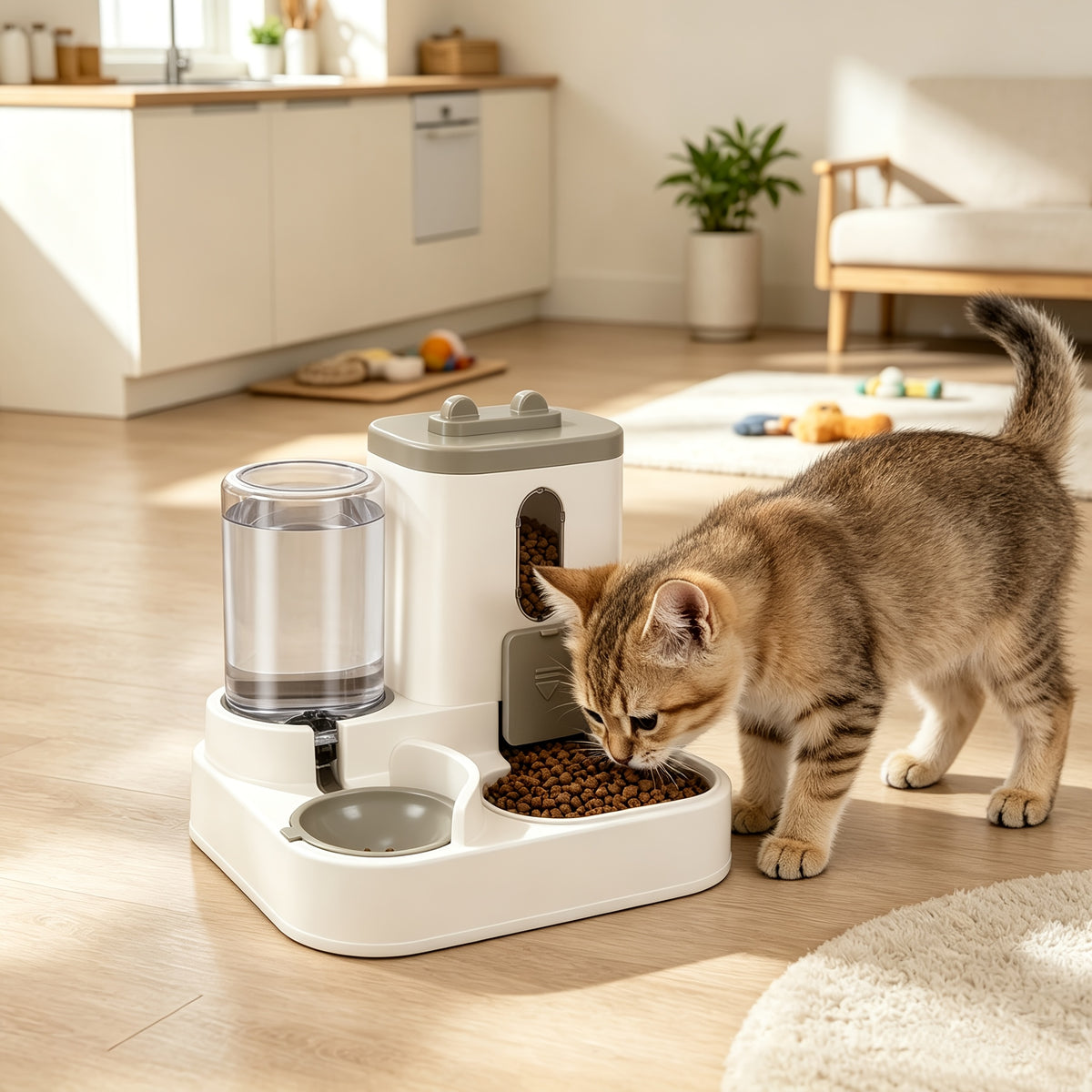 Automatic Pet Feeder 2-in-1 for Cats and Dogs, Non-Electric Space-Saving Feeding Station for Daily Pet Care in Pink, Grey or Light Yellow
