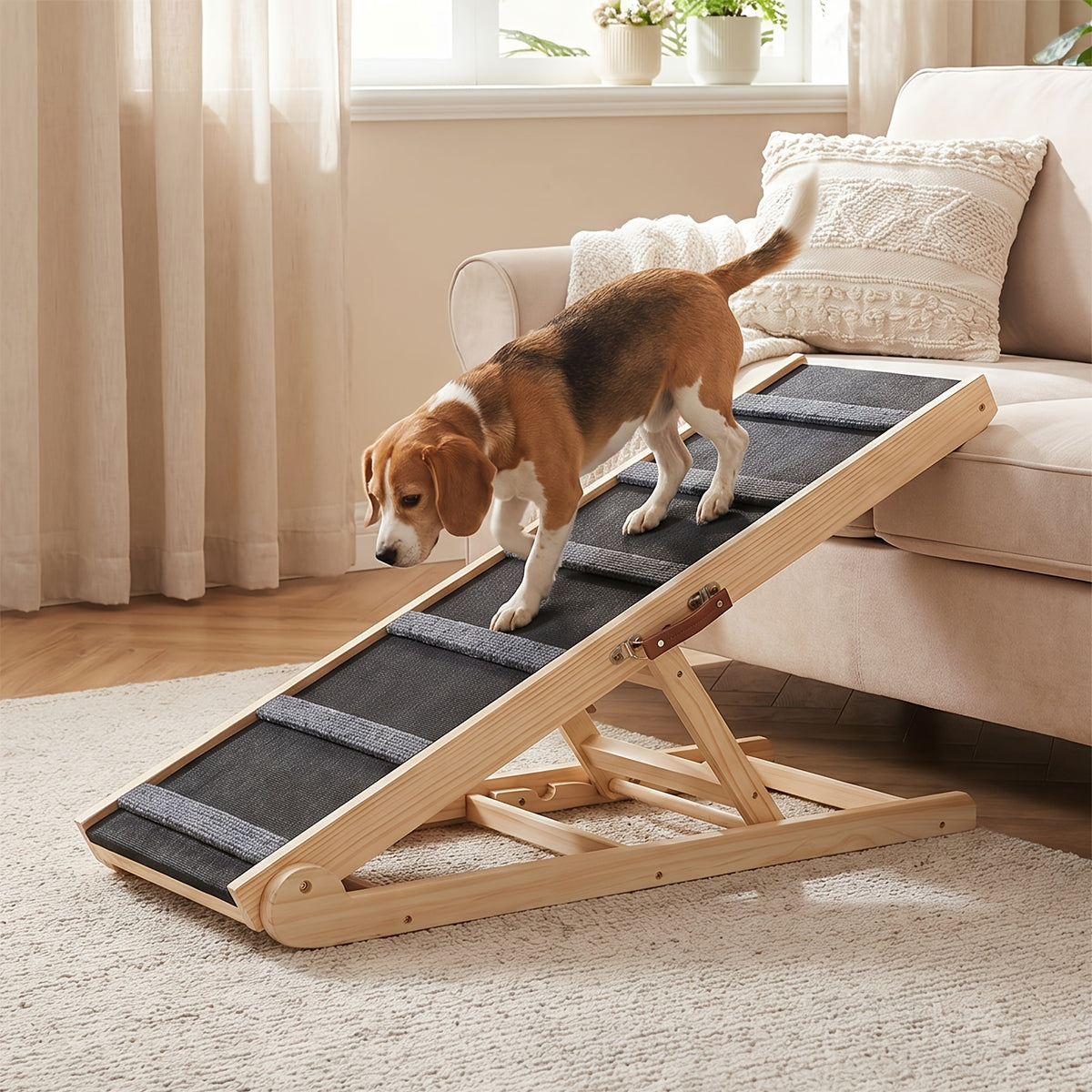 Dog Ramp with Guardrails for Bed and Couch Access, Adjustable Wooden Pet Climbing Ramp with Textured Traction Surface and Folding Support