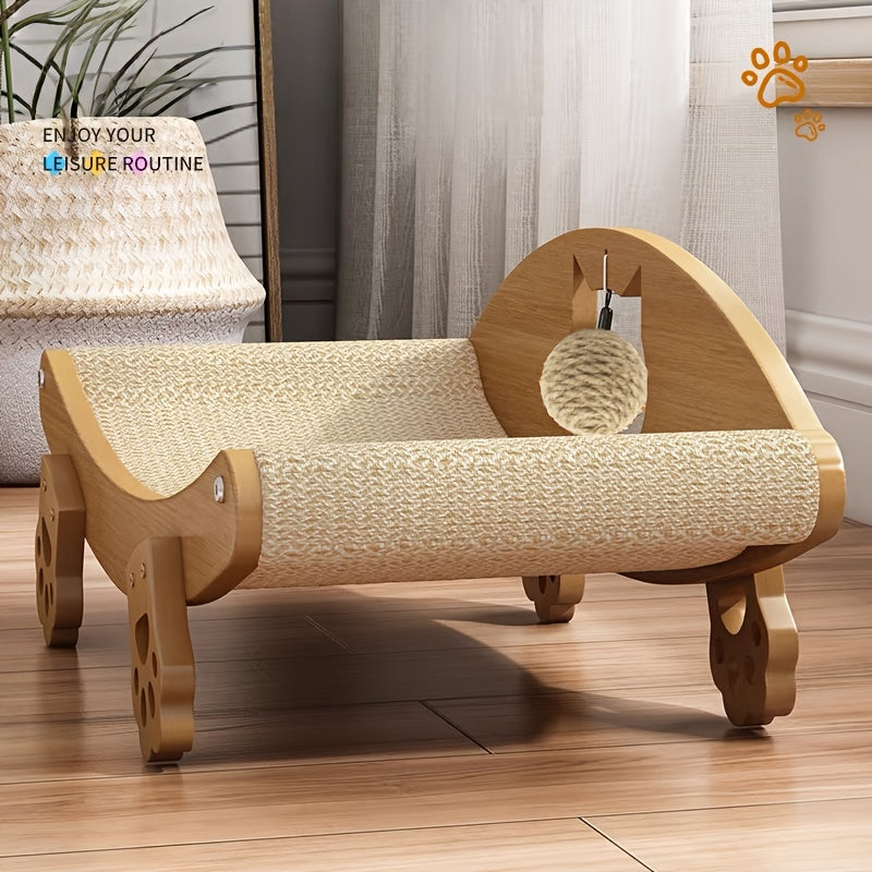 Cat Scratching Lounge with Hanging Ball Toy, Natural Sisal Pad and Solid Wood Curved Chair for Indoor Cats to Scratch, Stretch, Rest and Play