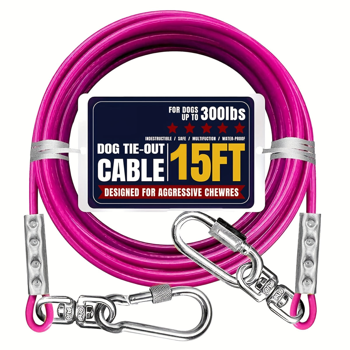 Heavy Duty Dog Tie Out Cable with Swivel Hooks, Steel Wire Yard Lead for Supervised Outdoor Use, Blue, Magenta or Black in S, M and L Options