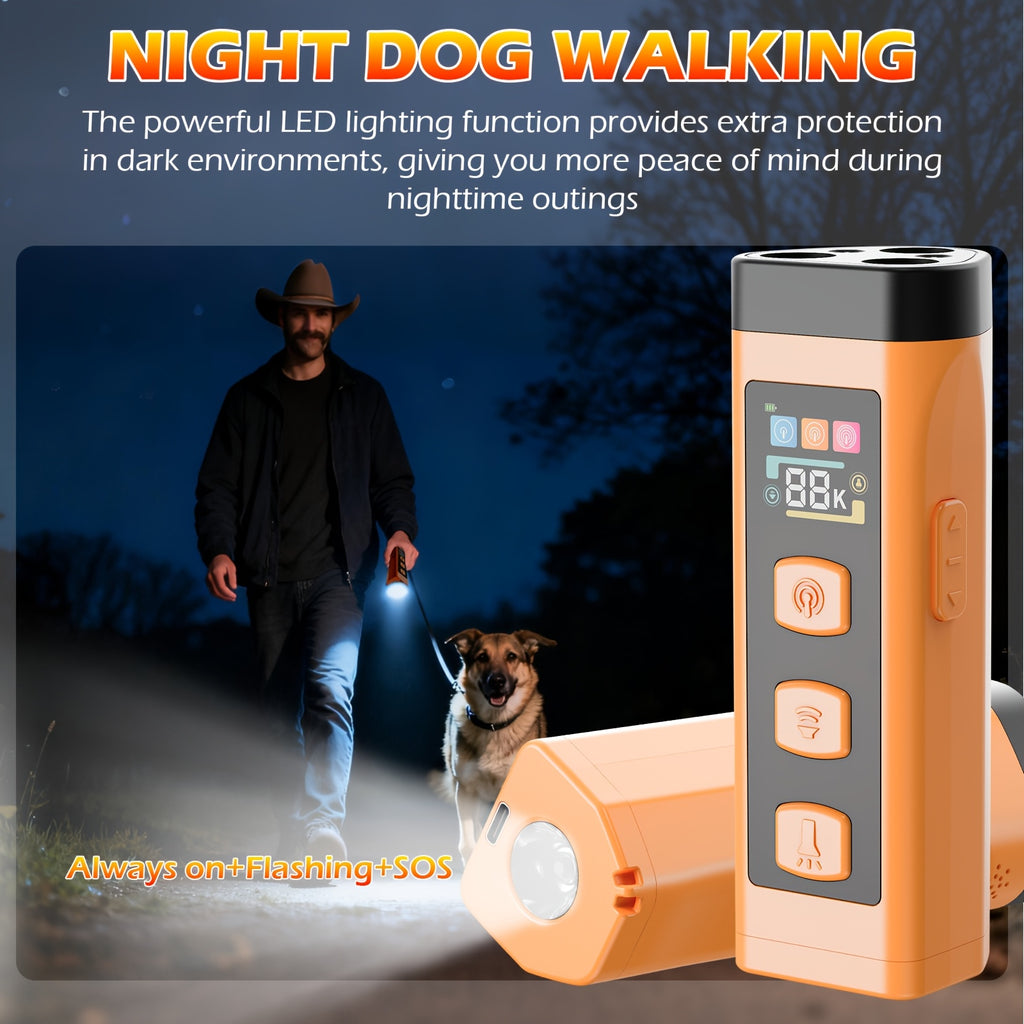 Ultrasonic Dog Bark Control Device with Bright Flashlight, Portable Orange Handheld Sound Wave Training Tool with USB for Supervised Use