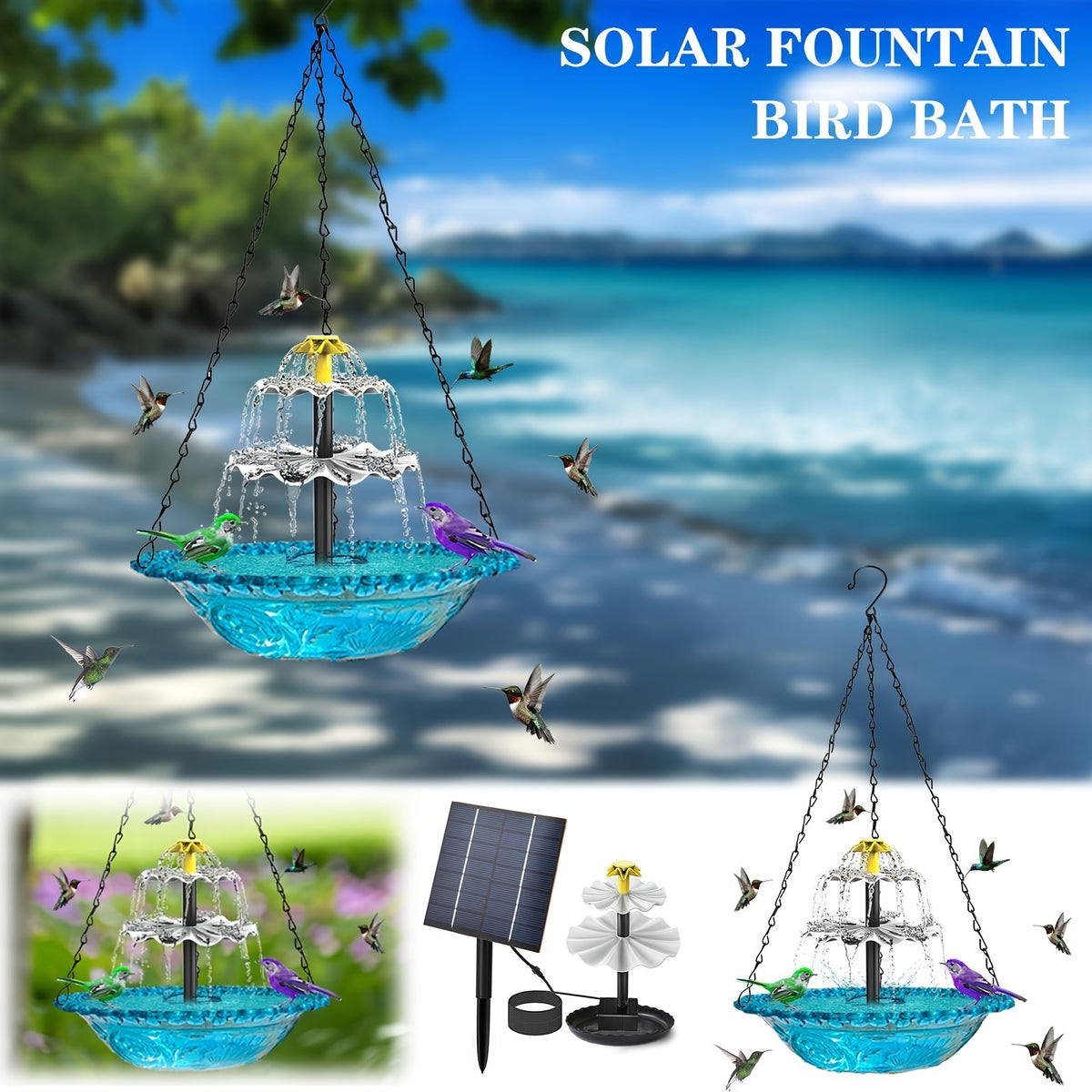 Solar Powered Bird Bath with 3-Tier Fountain Options, Detachable Recirculating Water Feature for Garden, Patio and Backyard Birdwatching